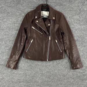 Doma Jacket Small Lamb Leather Brown Moto Biker Zip Pockets Asymmetrical Luxury